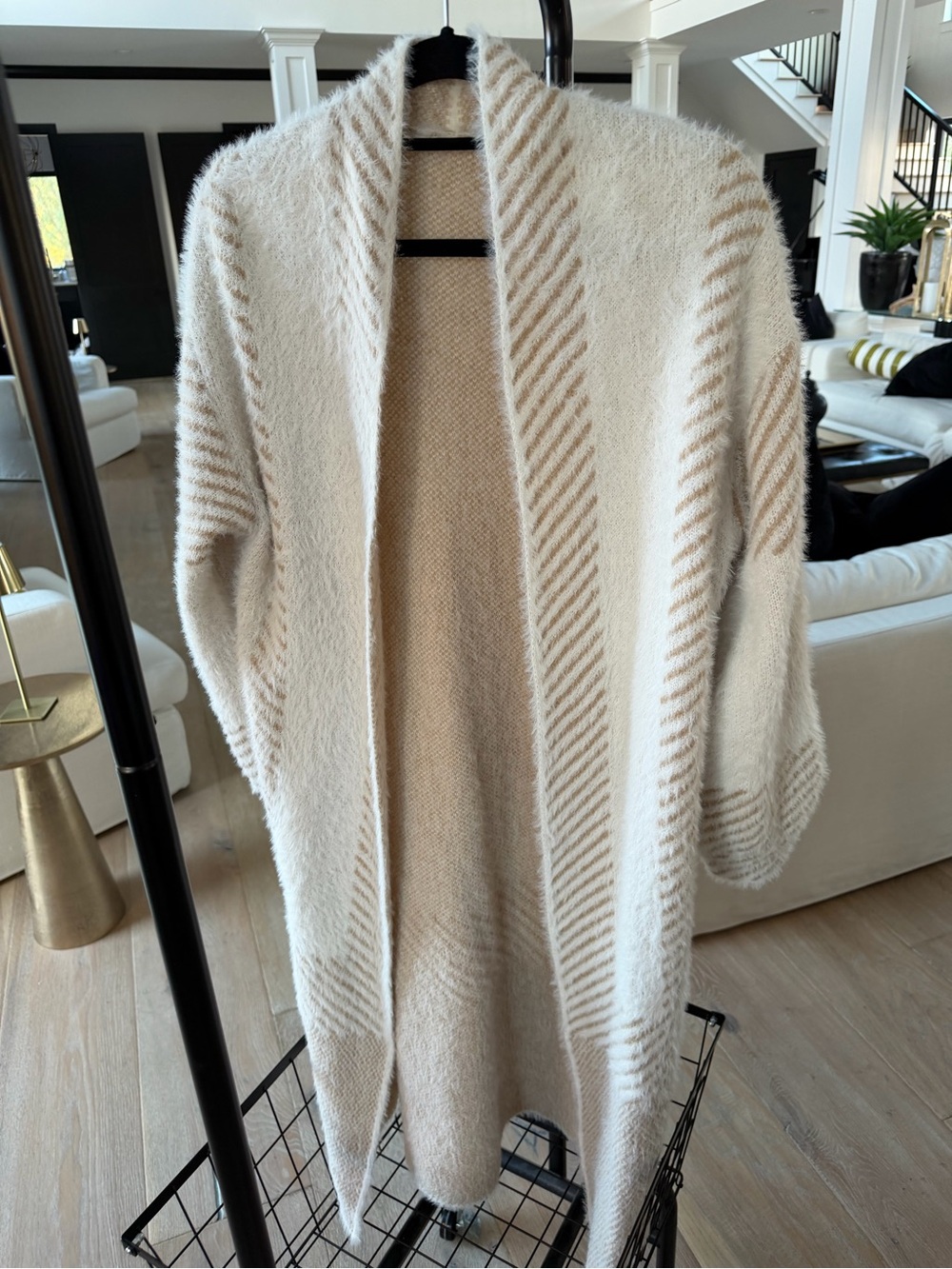 SHEIN Cream and Tan Striped Open-Front Knit Cardigan